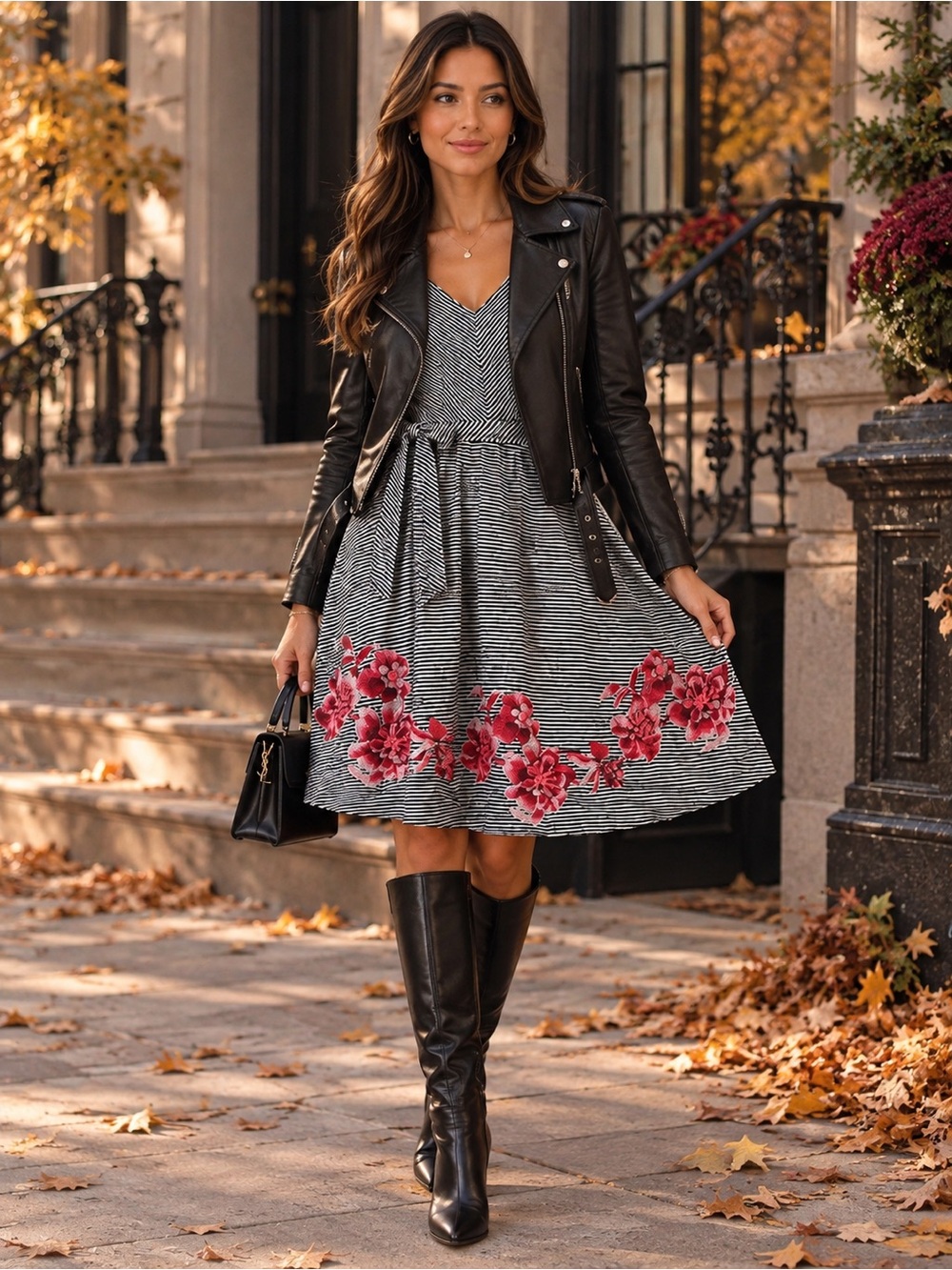 Talbots Black & White Striped V-Neck Dress with Pink Floral Border